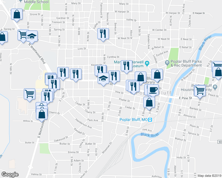 map of restaurants, bars, coffee shops, grocery stores, and more near 701 Vine Street in Poplar Bluff