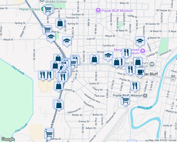 map of restaurants, bars, coffee shops, grocery stores, and more near 933 Vine Street in Poplar Bluff