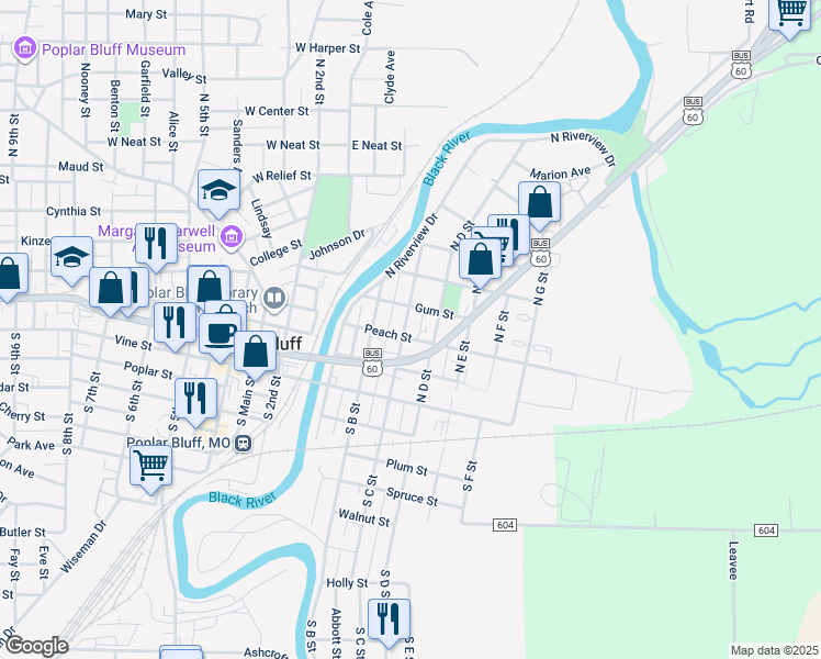 map of restaurants, bars, coffee shops, grocery stores, and more near 306 North C Street in Poplar Bluff