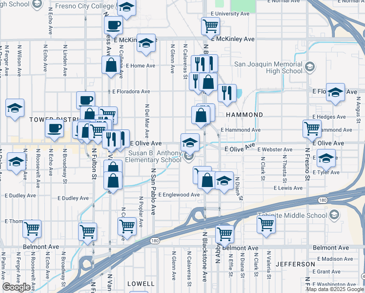 map of restaurants, bars, coffee shops, grocery stores, and more near 1456 East Olive Avenue in Fresno