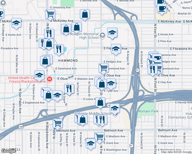 map of restaurants, bars, coffee shops, grocery stores, and more near 2405 East Webster Avenue in Fresno