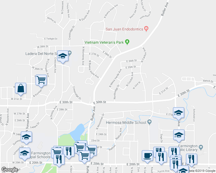 map of restaurants, bars, coffee shops, grocery stores, and more near 3109 North Mesa Verde Avenue in Farmington