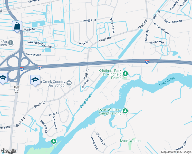 map of restaurants, bars, coffee shops, grocery stores, and more near 722 Wood Duck Lane in Chesapeake