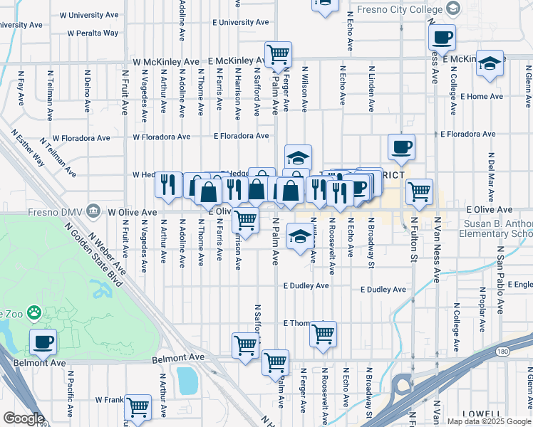 map of restaurants, bars, coffee shops, grocery stores, and more near 212 East Olive Avenue in Fresno