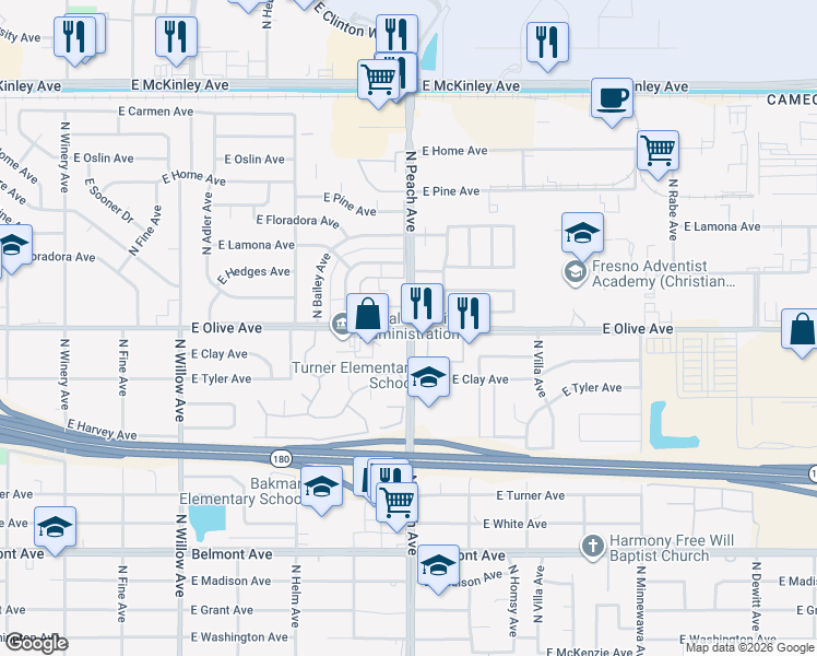 map of restaurants, bars, coffee shops, grocery stores, and more near East Olive Avenue & North Peach Avenue in Fresno