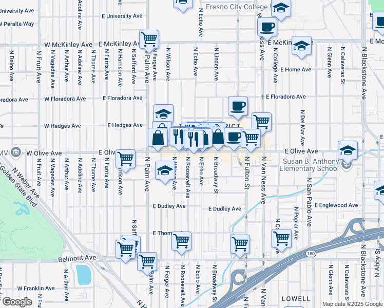 map of restaurants, bars, coffee shops, grocery stores, and more near 540 East Olive Avenue in Fresno