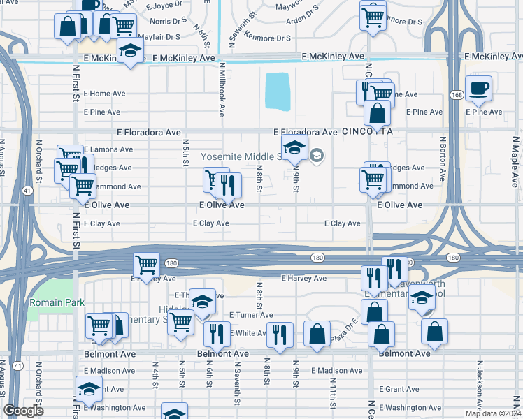 map of restaurants, bars, coffee shops, grocery stores, and more near 3794 East Olive Avenue in Fresno