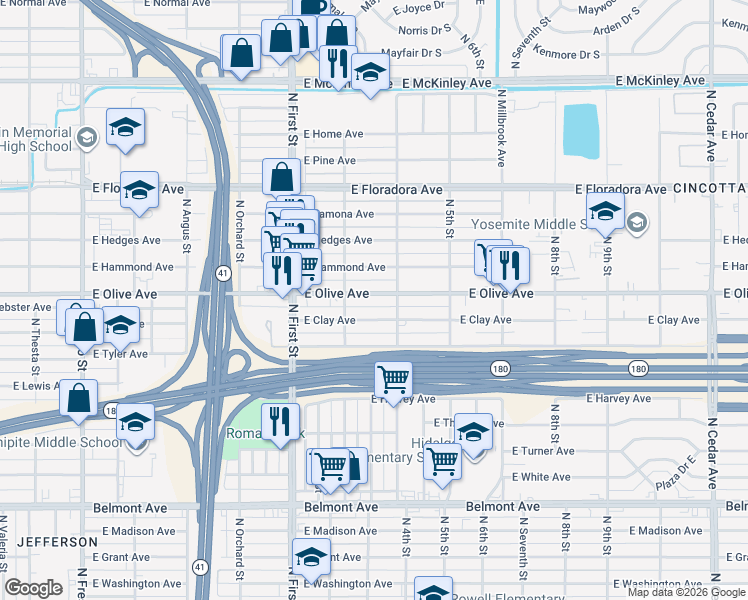 map of restaurants, bars, coffee shops, grocery stores, and more near 3308 East Olive Avenue in Fresno