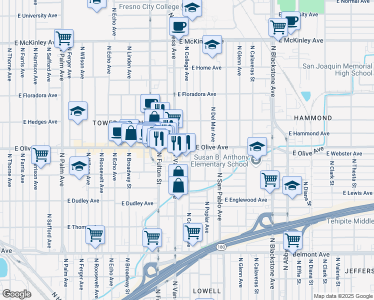 map of restaurants, bars, coffee shops, grocery stores, and more near 1110 East Olive Avenue in Fresno