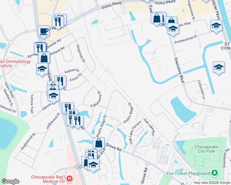 map of restaurants, bars, coffee shops, grocery stores, and more near 350 Knell's Ridge Drive in Chesapeake
