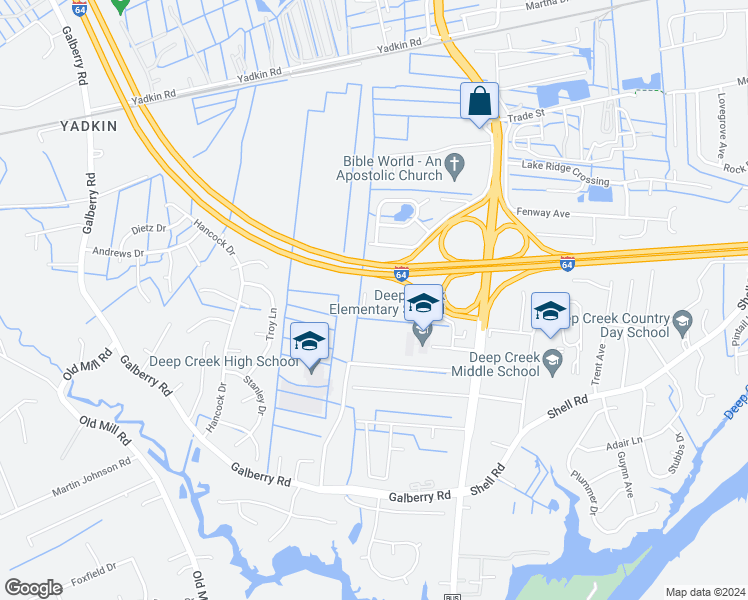 map of restaurants, bars, coffee shops, grocery stores, and more near 2856 Forehand Drive in Chesapeake