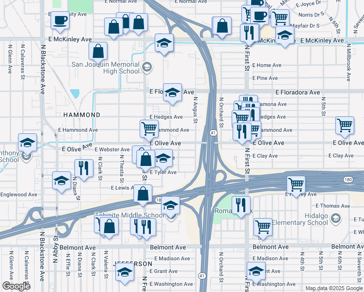 map of restaurants, bars, coffee shops, grocery stores, and more near 2830 East Olive Avenue in Fresno