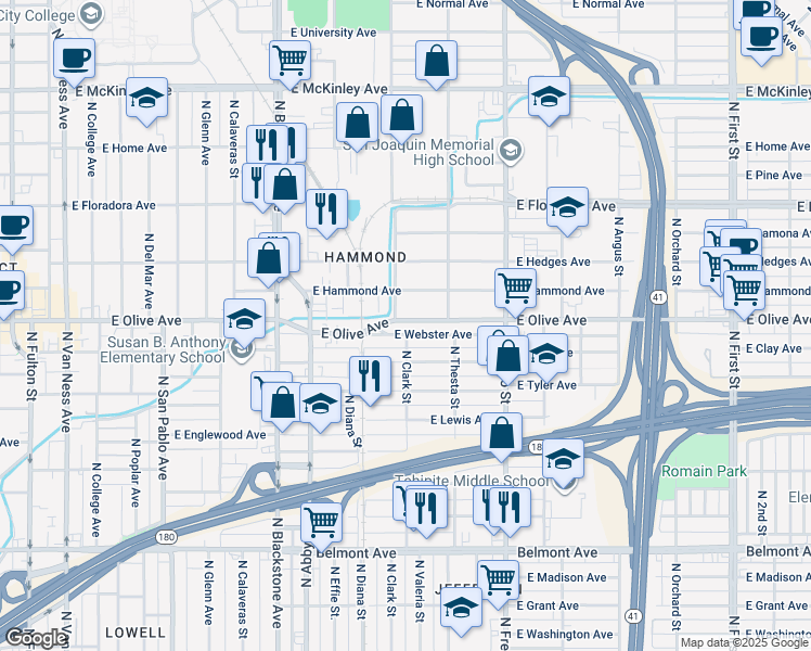 map of restaurants, bars, coffee shops, grocery stores, and more near 2100 East Olive Avenue in Fresno