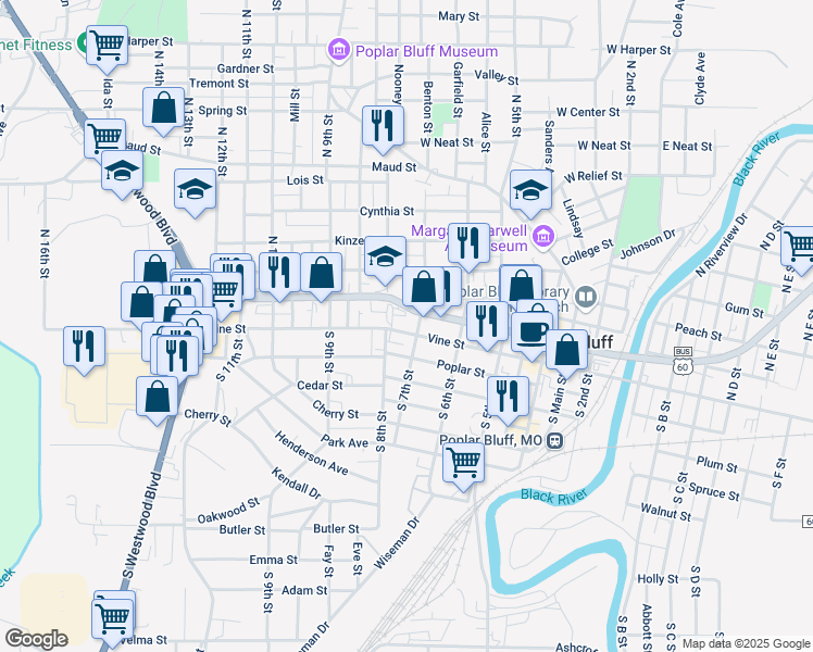 map of restaurants, bars, coffee shops, grocery stores, and more near 701 Vine Street in Poplar Bluff