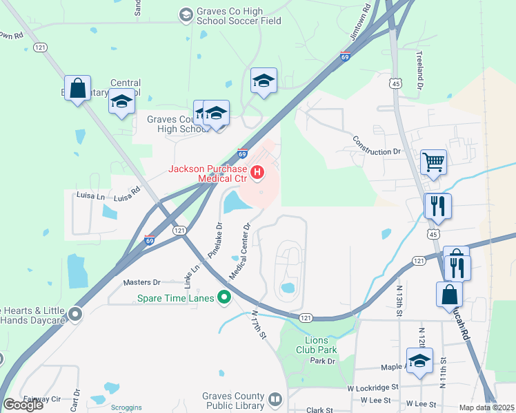 map of restaurants, bars, coffee shops, grocery stores, and more near 1099 Medical Center Circle in Mayfield