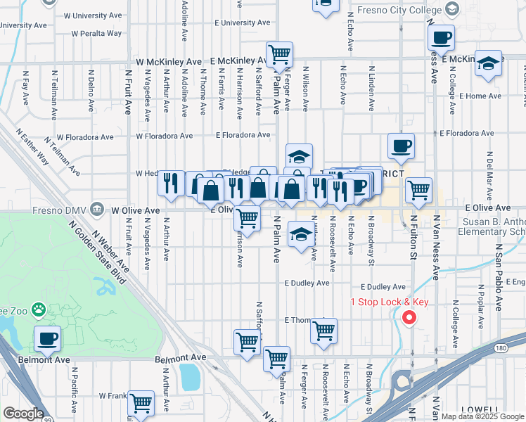 map of restaurants, bars, coffee shops, grocery stores, and more near 212 East Olive Avenue in Fresno