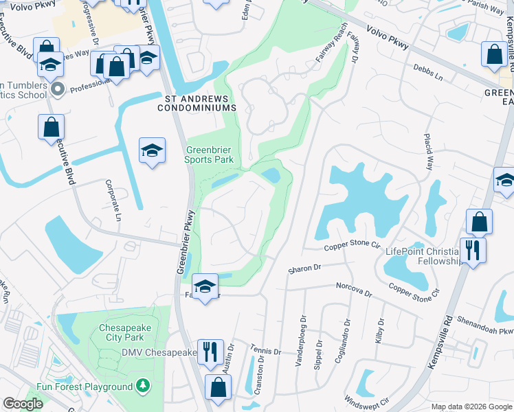 map of restaurants, bars, coffee shops, grocery stores, and more near 1036 Woodsmans Reach in Chesapeake