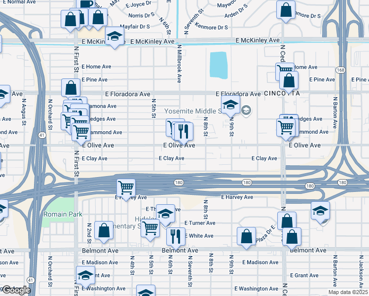 map of restaurants, bars, coffee shops, grocery stores, and more near 3720 East Olive Avenue in Fresno