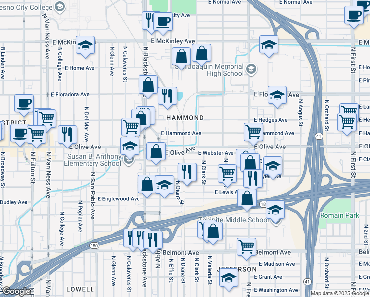 map of restaurants, bars, coffee shops, grocery stores, and more near 2011 East Olive Avenue in Fresno