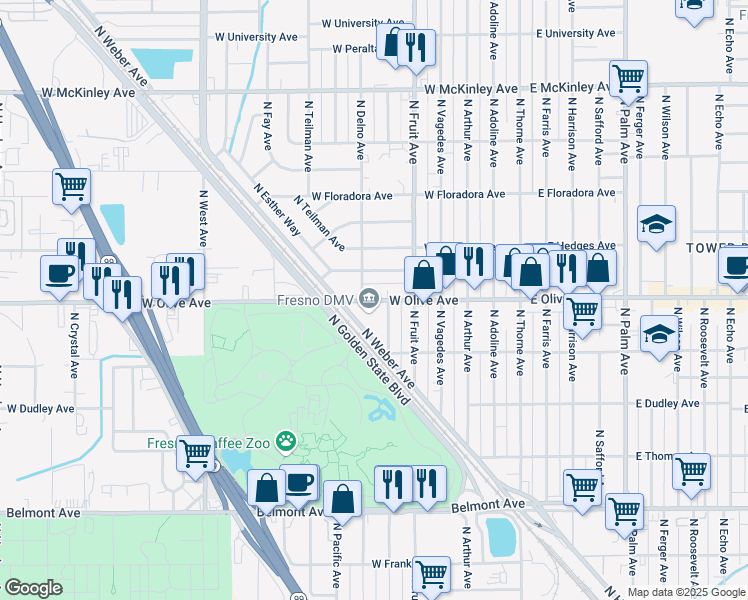 map of restaurants, bars, coffee shops, grocery stores, and more near 655 West Olive Avenue in Fresno
