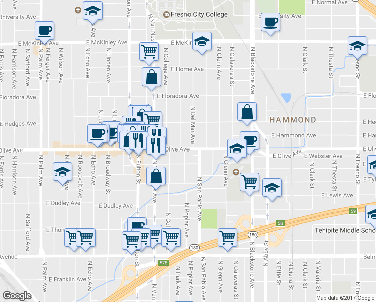 map of restaurants, bars, coffee shops, grocery stores, and more near 1220 East Olive Avenue in Fresno