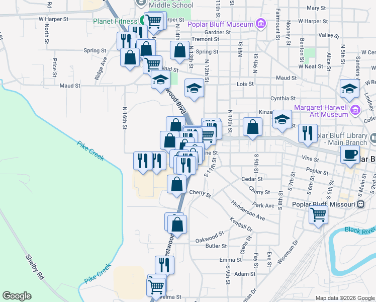map of restaurants, bars, coffee shops, grocery stores, and more near 1411 Vine Street in Poplar Bluff
