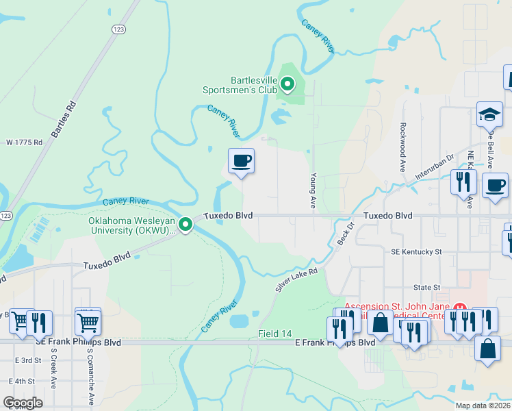 map of restaurants, bars, coffee shops, grocery stores, and more near 2302 Tuxedo Boulevard in Bartlesville