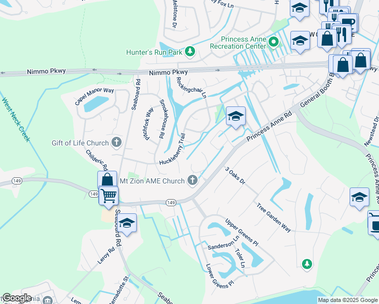 map of restaurants, bars, coffee shops, grocery stores, and more near 2300 Woodland Court in Virginia Beach