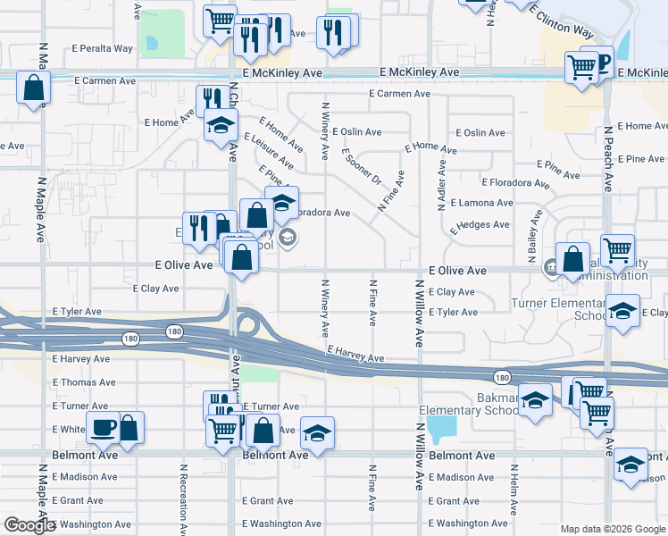 map of restaurants, bars, coffee shops, grocery stores, and more near 4901 East Olive Avenue in Fresno