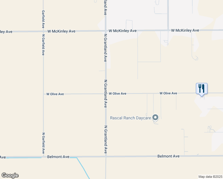 map of restaurants, bars, coffee shops, grocery stores, and more near 6912 West Olive Avenue in Fresno
