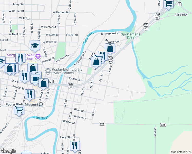 map of restaurants, bars, coffee shops, grocery stores, and more near 304 North E Street in Poplar Bluff