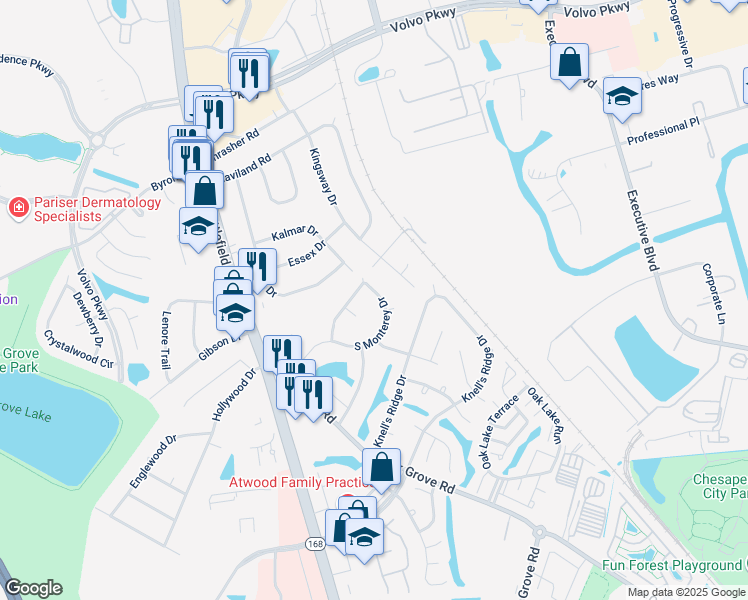 map of restaurants, bars, coffee shops, grocery stores, and more near 425 South Monterey Drive in Chesapeake
