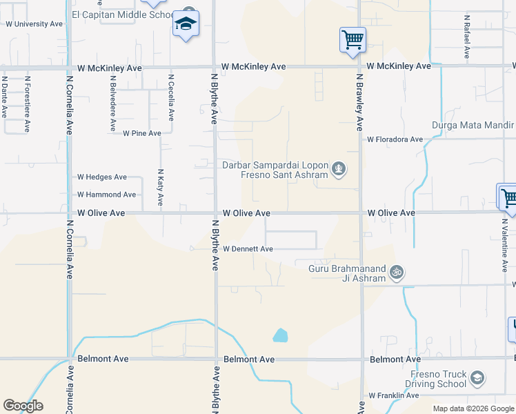 map of restaurants, bars, coffee shops, grocery stores, and more near 4280 West Olive Avenue in Fresno