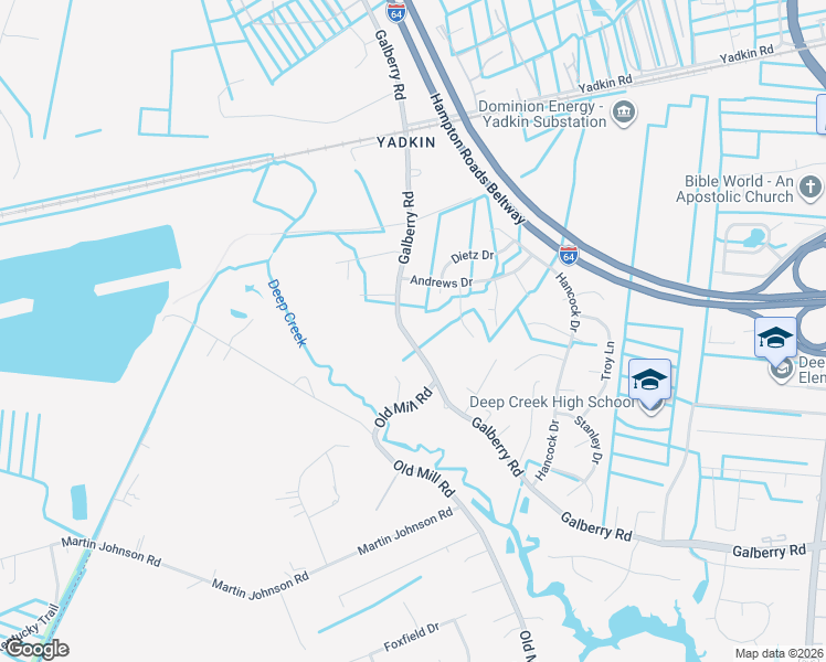 map of restaurants, bars, coffee shops, grocery stores, and more near 3232 Galberry Road in Chesapeake