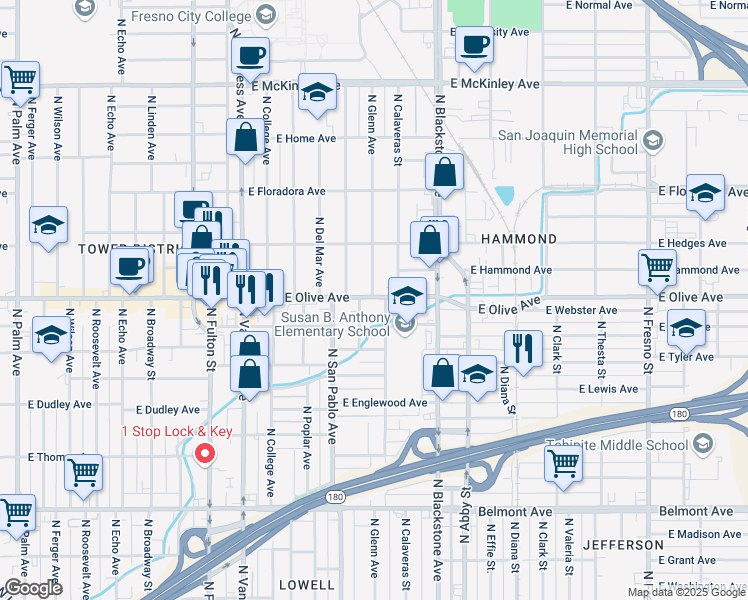map of restaurants, bars, coffee shops, grocery stores, and more near 1456 East Olive Avenue in Fresno