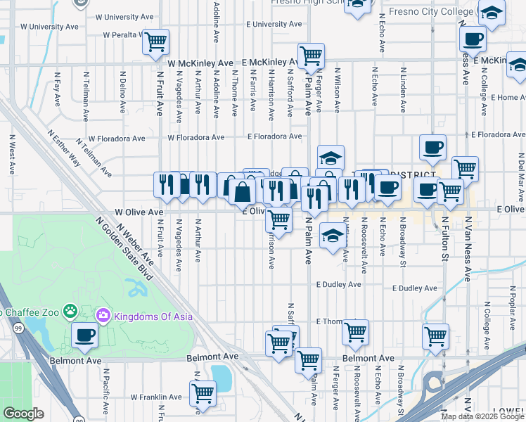 map of restaurants, bars, coffee shops, grocery stores, and more near 86 East Olive Avenue in Fresno