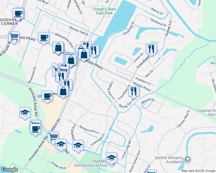 map of restaurants, bars, coffee shops, grocery stores, and more near 2036 Falling Sun Lane in Virginia Beach