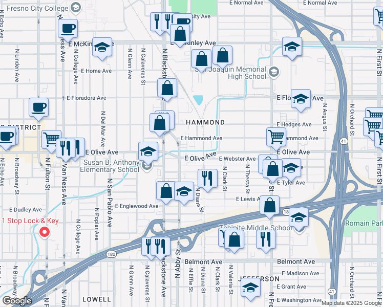 map of restaurants, bars, coffee shops, grocery stores, and more near 1833 East Olive Avenue in Fresno
