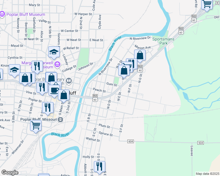map of restaurants, bars, coffee shops, grocery stores, and more near D State Street in Poplar Bluff