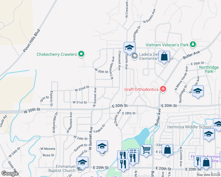 map of restaurants, bars, coffee shops, grocery stores, and more near 101 W 32nd St in Farmington