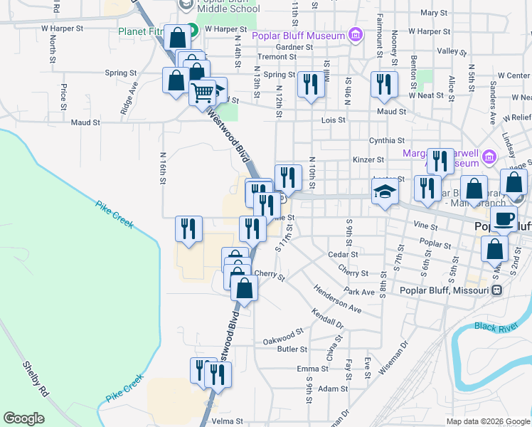 map of restaurants, bars, coffee shops, grocery stores, and more near 1411 Vine Street in Poplar Bluff