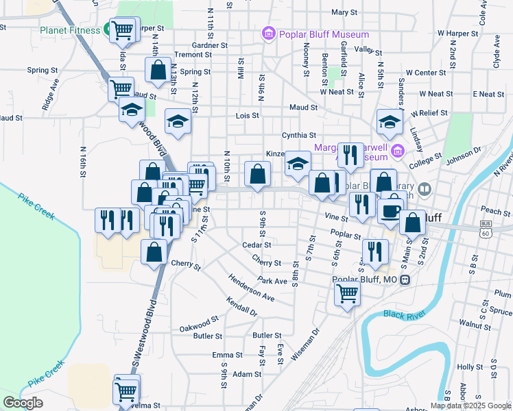 map of restaurants, bars, coffee shops, grocery stores, and more near 847 Vine Street in Poplar Bluff