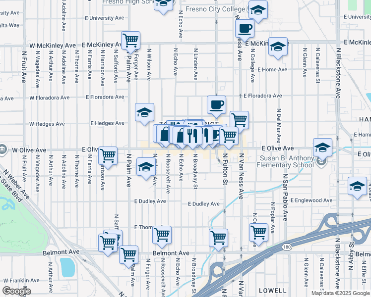 map of restaurants, bars, coffee shops, grocery stores, and more near 645 E Olive Ave in Fresno