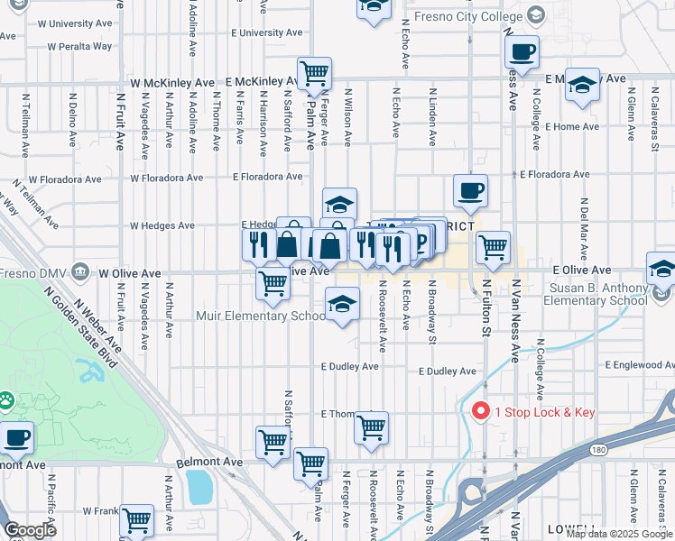 map of restaurants, bars, coffee shops, grocery stores, and more near 353 East Olive Avenue in Fresno