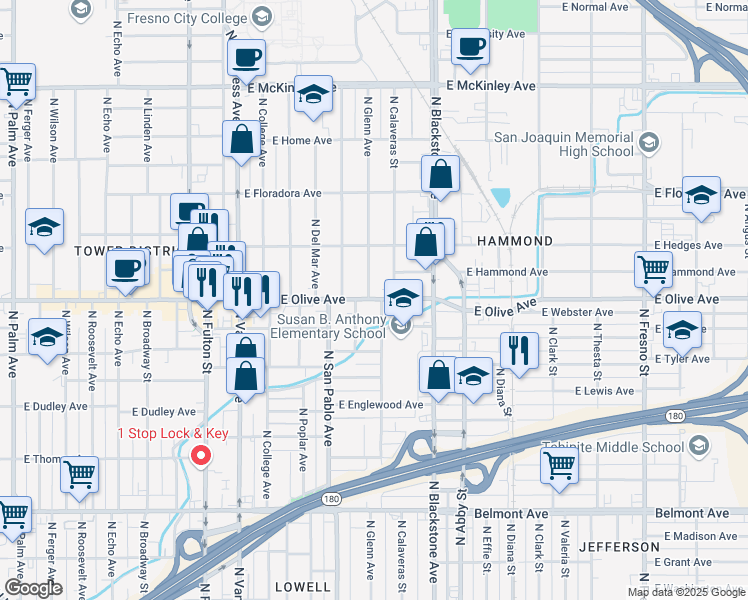 map of restaurants, bars, coffee shops, grocery stores, and more near 1454 East Olive Avenue in Fresno