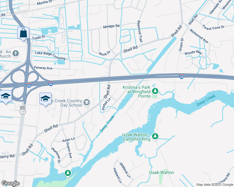 map of restaurants, bars, coffee shops, grocery stores, and more near 722 Wood Duck Lane in Chesapeake