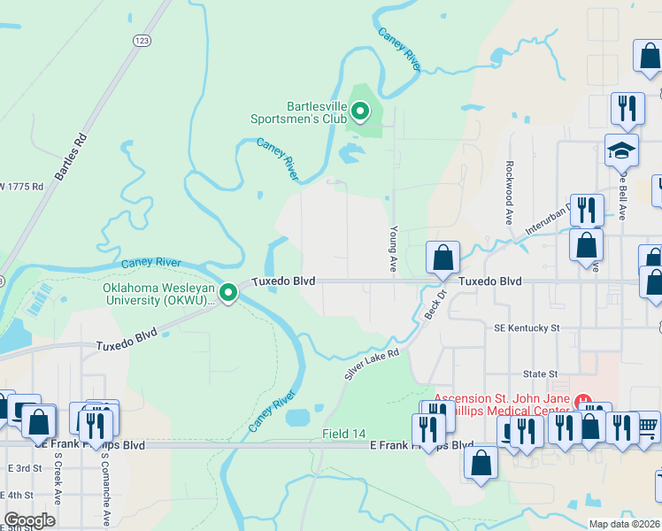map of restaurants, bars, coffee shops, grocery stores, and more near 2302 Tuxedo Boulevard in Bartlesville