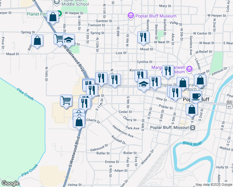 map of restaurants, bars, coffee shops, grocery stores, and more near 933 Vine Street in Poplar Bluff