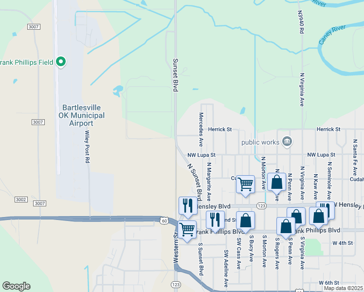 map of restaurants, bars, coffee shops, grocery stores, and more near 436 North Sunset Boulevard in Bartlesville