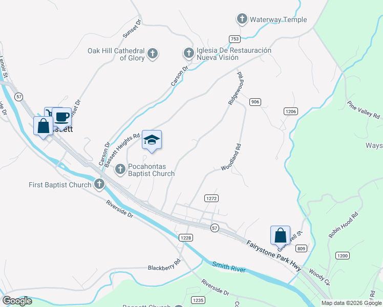 map of restaurants, bars, coffee shops, grocery stores, and more near 370 Ridgewood Road in Bassett